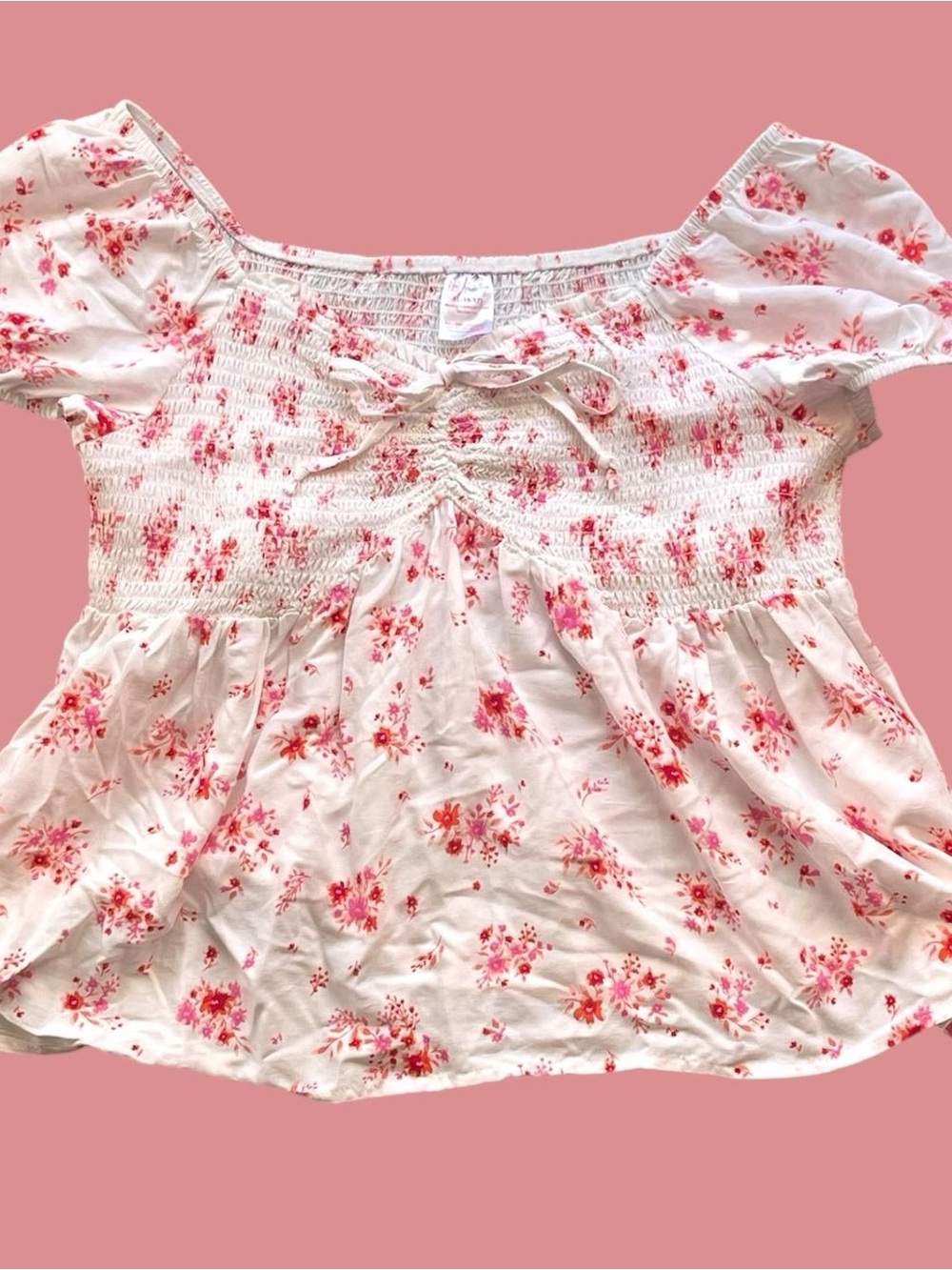No Boundaries Pink Floral Smocked Short Sleeve Babydoll Top